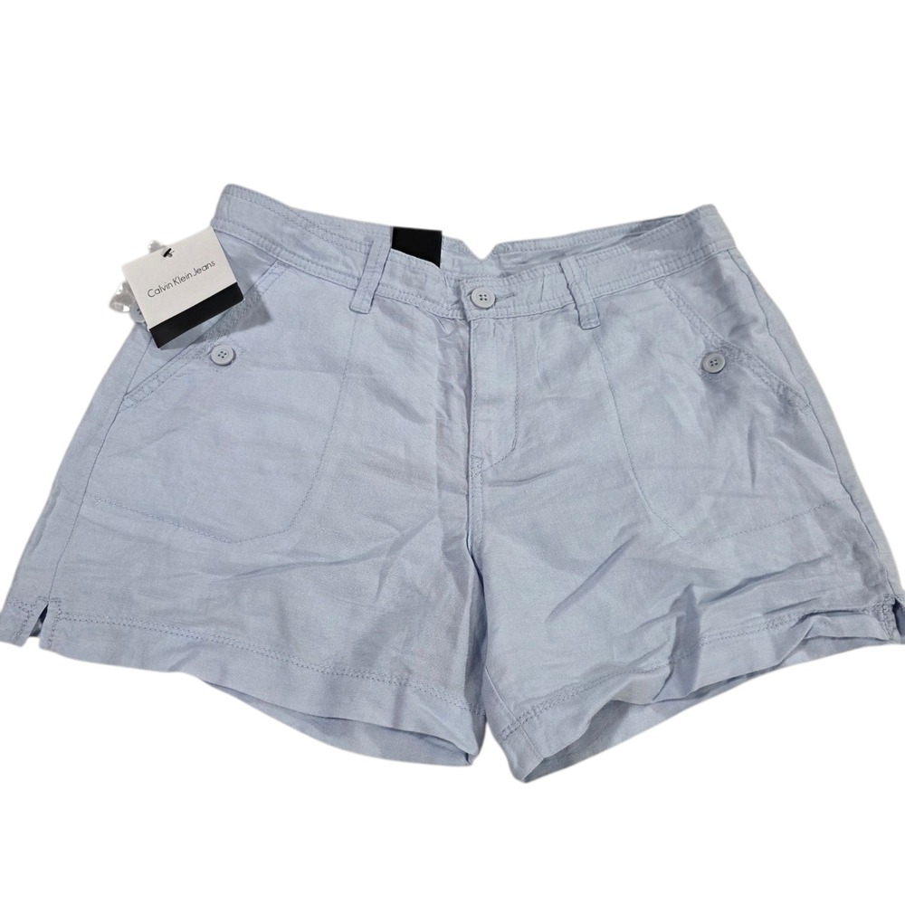 Calvin Klein Mom Shorts Womens Sapphire Ice Blue 8 Linen Blend Woven Slit Comfy